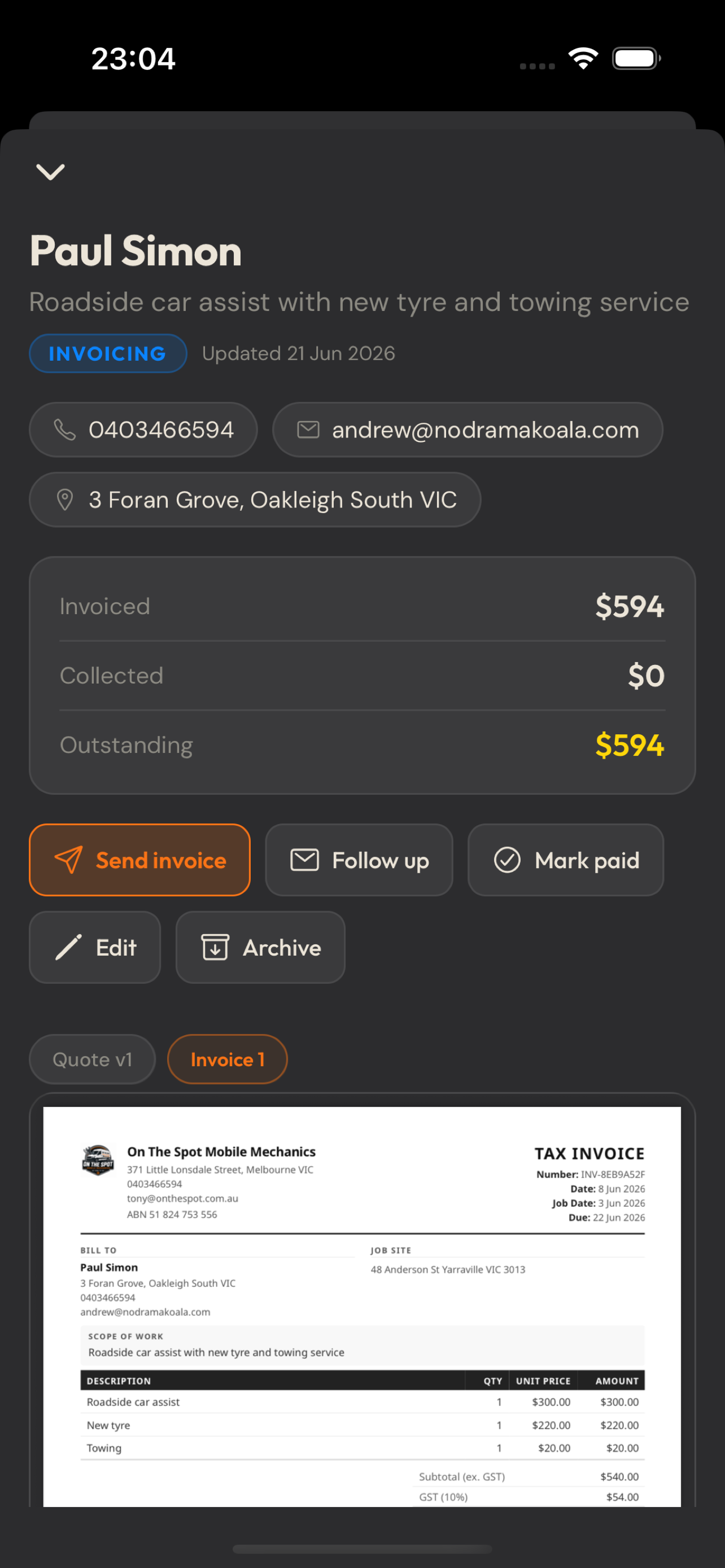 Invoice detail and actions in UteQuote